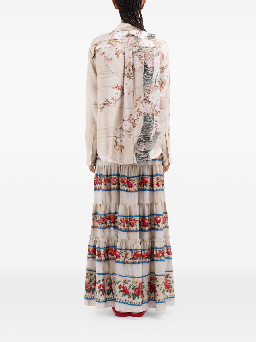 Pierre Louis Mascia Printed Silk Shirt For Women Beige Cherry Blossom With Classic Collar And Relaxed Fit