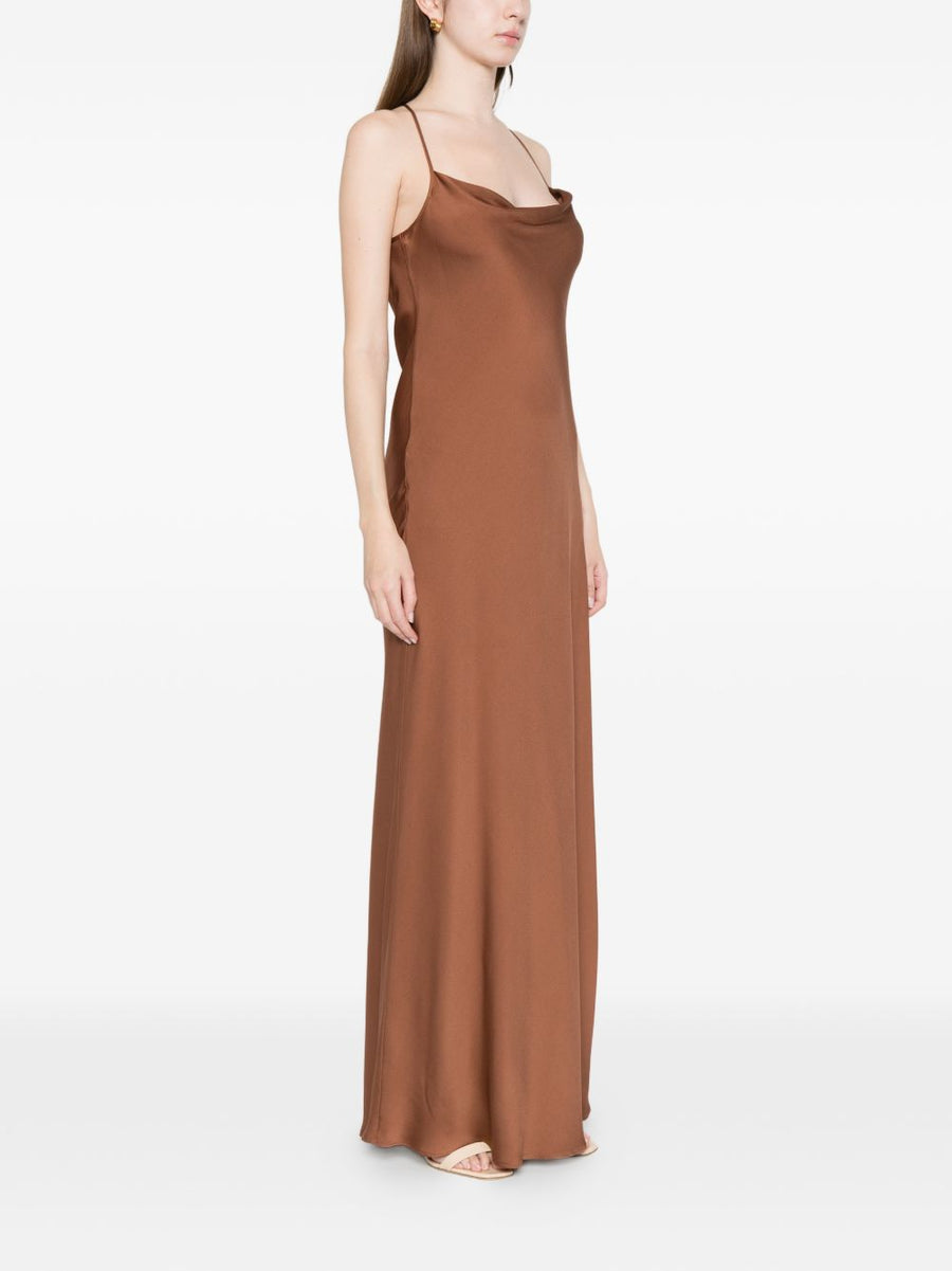 Silk95Five Germaine Silk Long Dress For Women In Brown With Cowl Neck And Cross Back Luxurious Stretch Everyday Wear