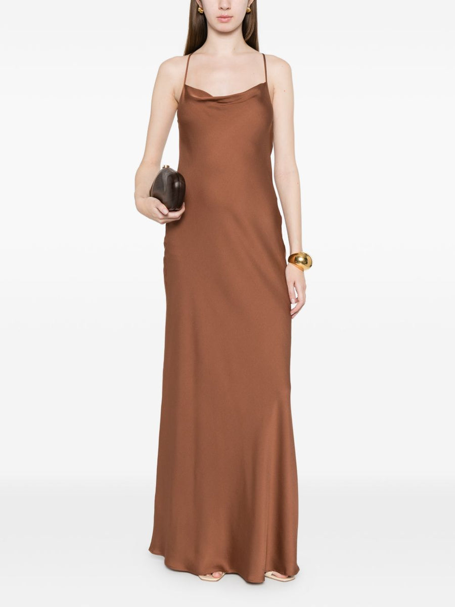Silk95Five Germaine Silk Long Dress For Women In Brown With Cowl Neck And Cross Back Luxurious Stretch Everyday Wear