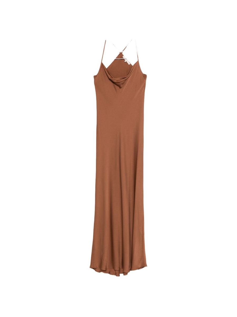 Silk95Five Germaine Silk Long Dress For Women In Brown With Cowl Neck And Cross Back Luxurious Stretch Everyday Wear