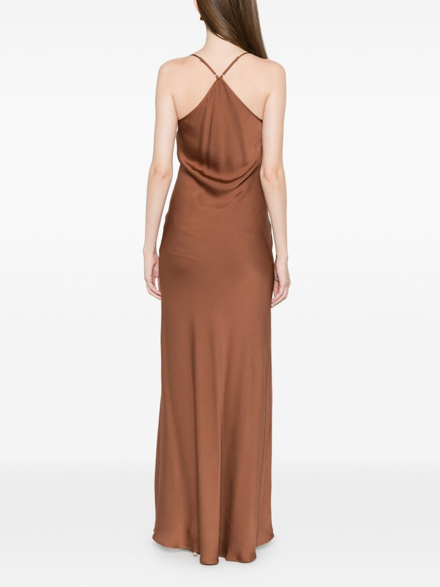 Silk95Five Germaine Silk Long Dress For Women In Brown With Cowl Neck And Cross Back Luxurious Stretch Everyday Wear