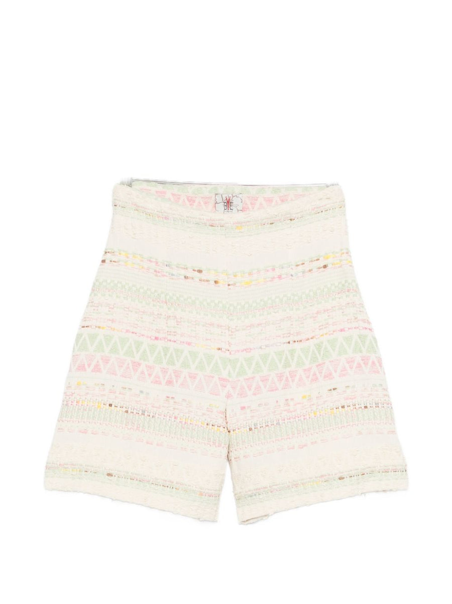 BYE Cotton Blend Shorts for Women High Waist Fringe Beige Geometric Print Resort Wear
