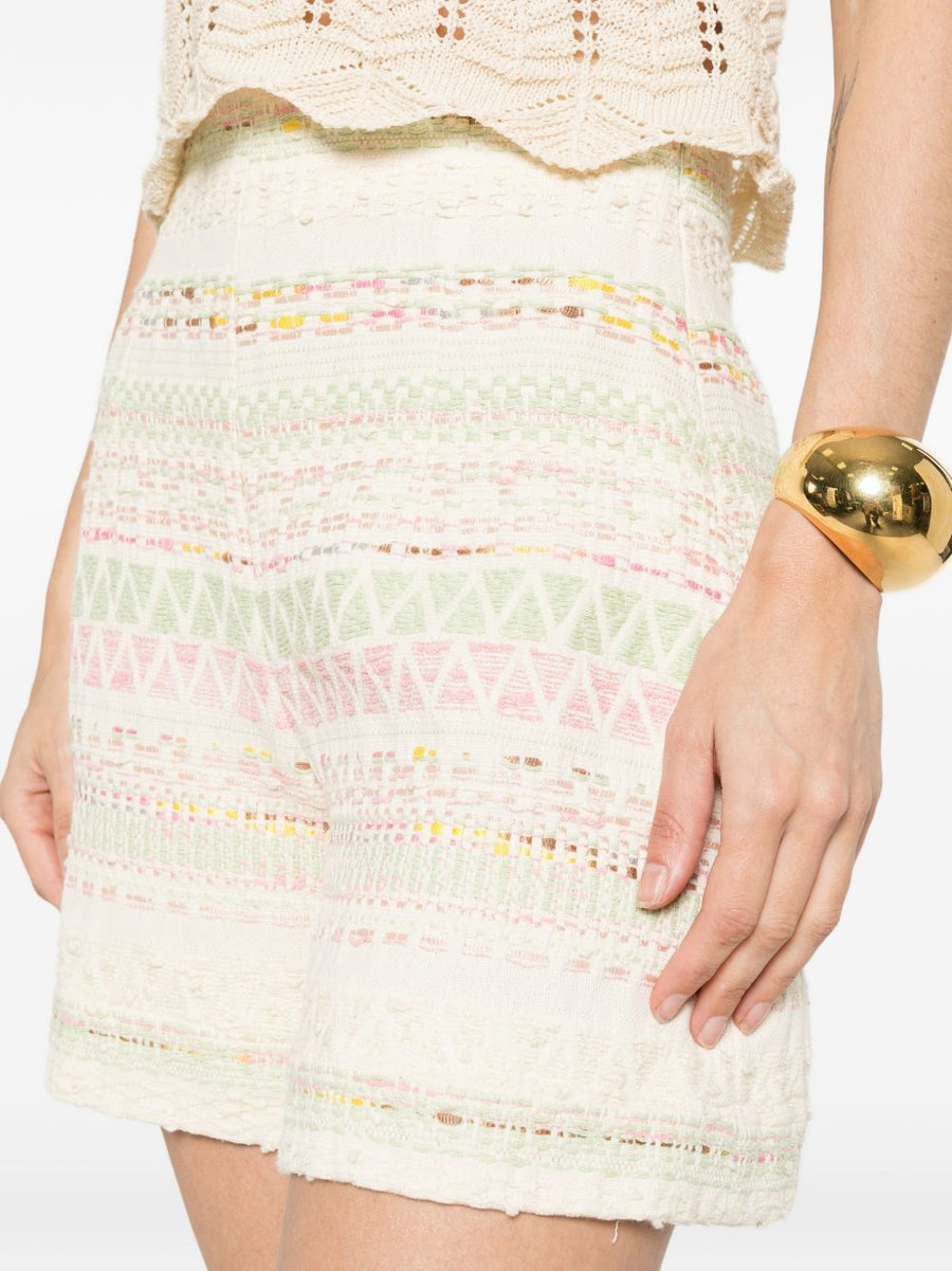 BYE Cotton Blend Shorts for Women High Waist Fringe Beige Geometric Print Resort Wear