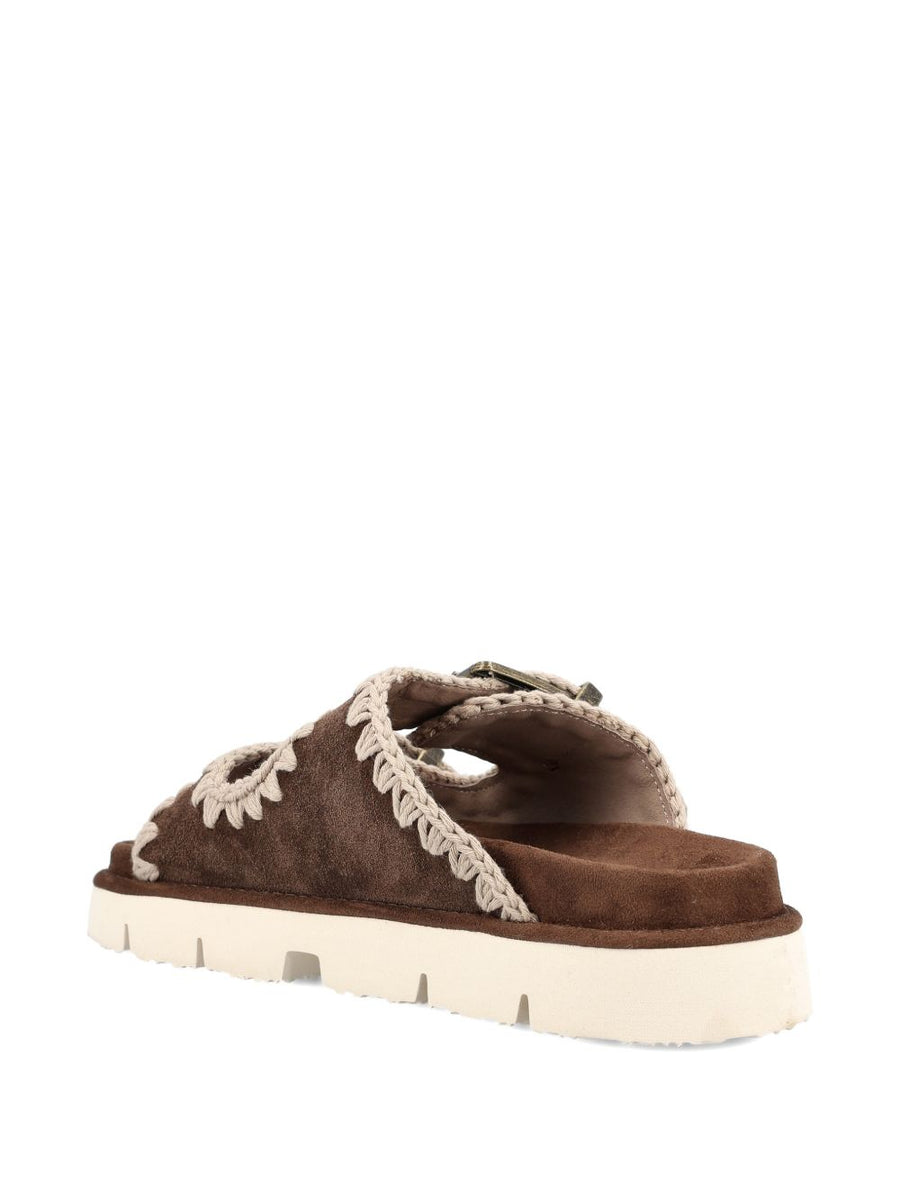 Mou Bio 2 Buckles Sandals Brown Calf Suede and Fabric