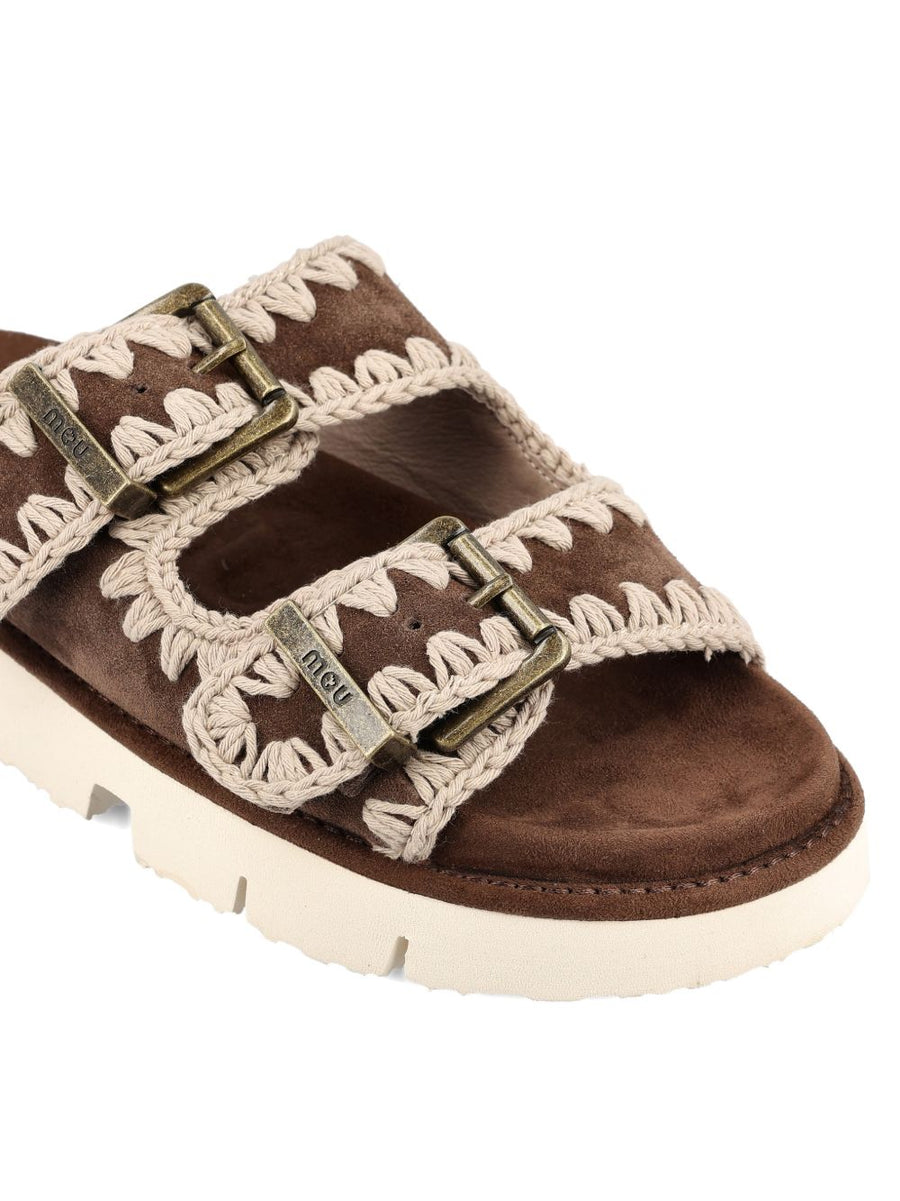 Mou Bio 2 Buckles Sandals Brown Calf Suede and Fabric