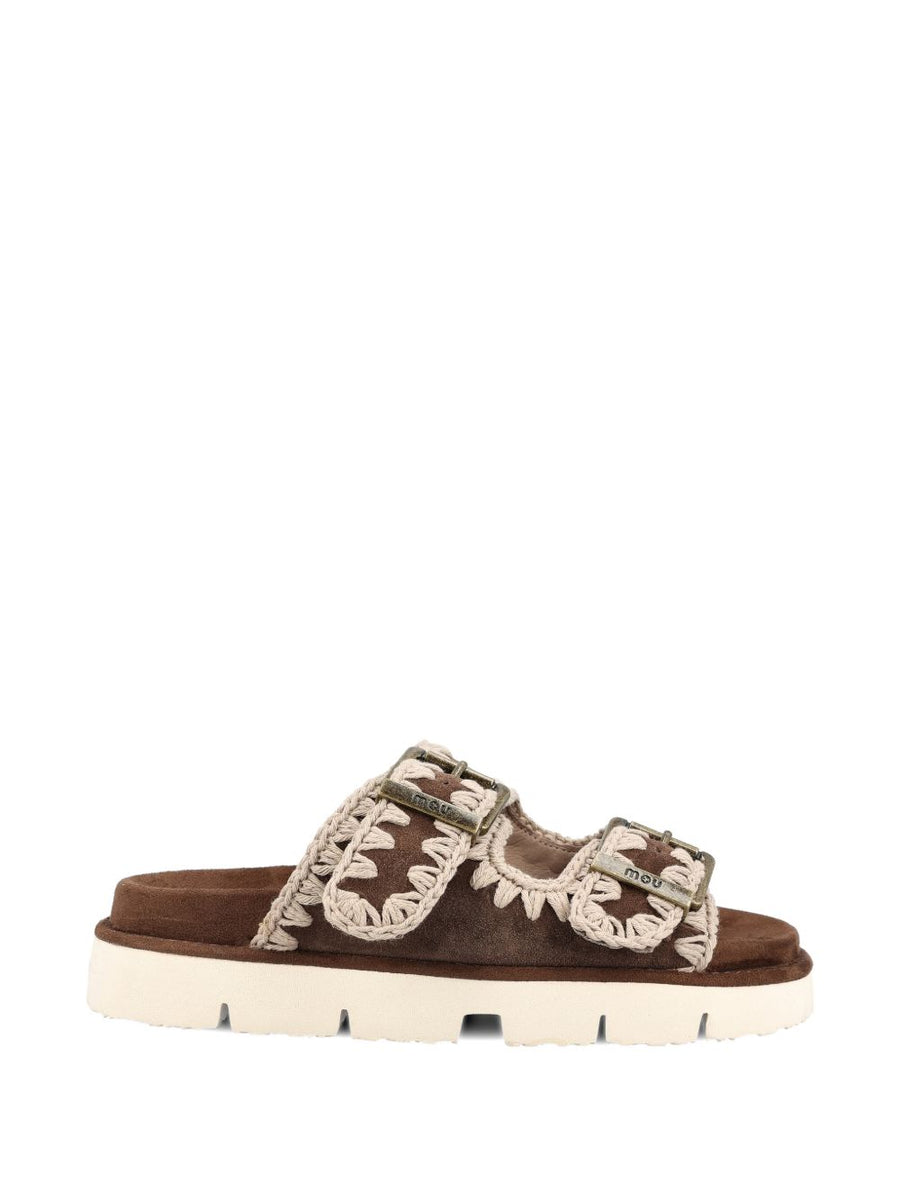 Mou Bio 2 Buckles Sandals Brown Calf Suede and Fabric