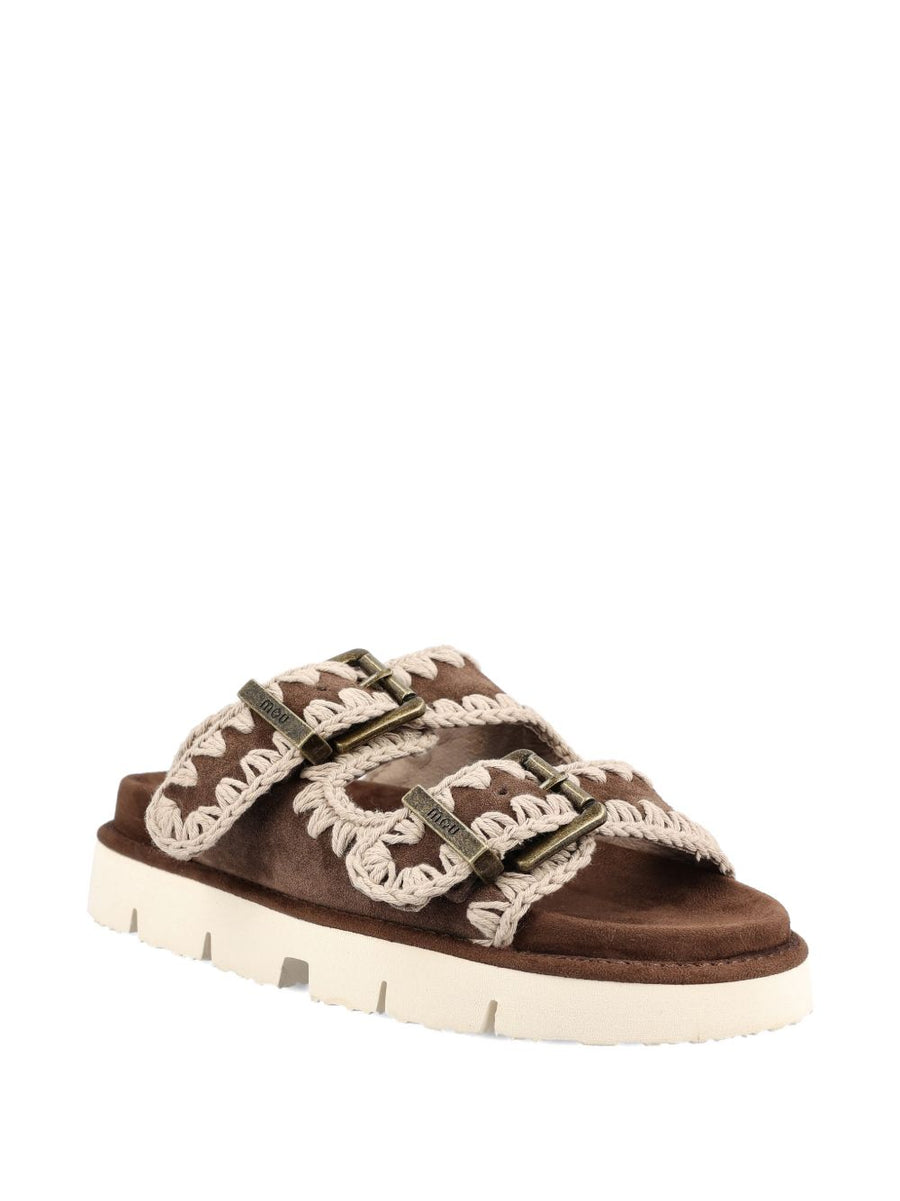 Mou Bio 2 Buckles Sandals Brown Calf Suede and Fabric