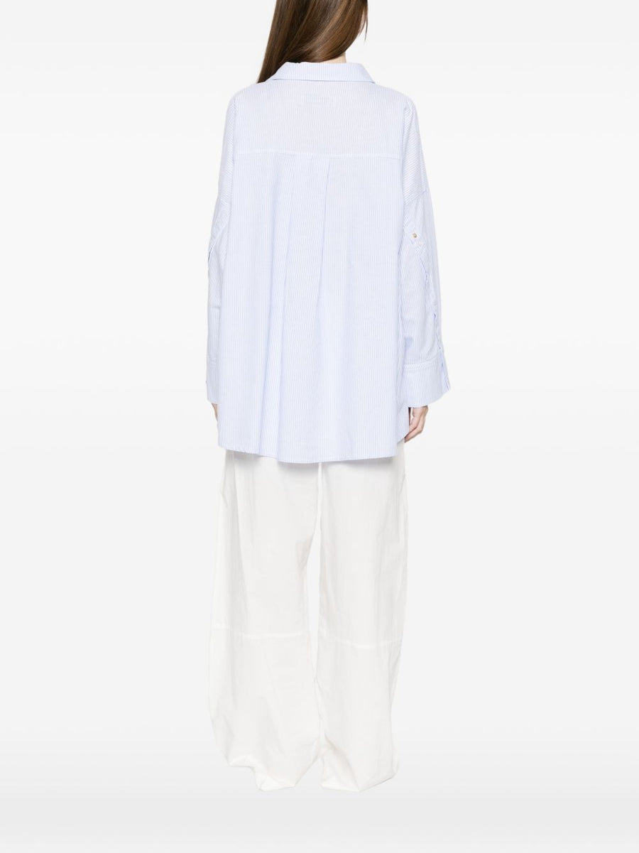 White Sand Women Striped Cotton Shirt With Chest Pocket Light Blue Front Button Top Versatile Everyday