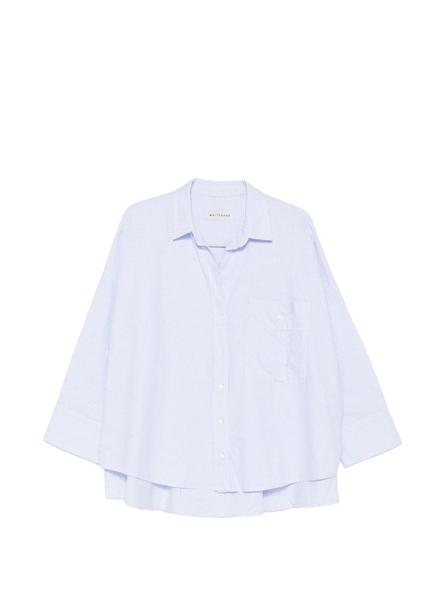 White Sand Women Striped Cotton Shirt With Chest Pocket Light Blue Front Button Top Versatile Everyday