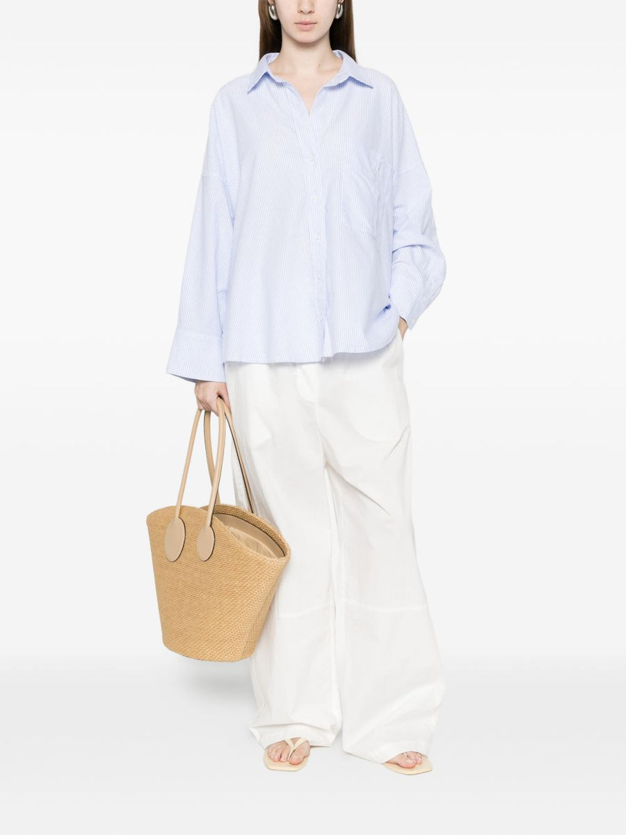 White Sand Women Striped Cotton Shirt With Chest Pocket Light Blue Front Button Top Versatile Everyday