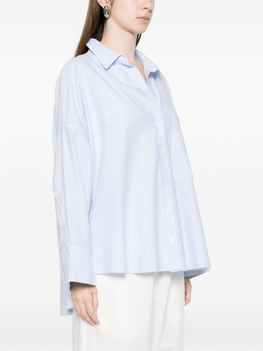 White Sand Women Striped Cotton Shirt With Chest Pocket Light Blue Front Button Top Versatile Everyday