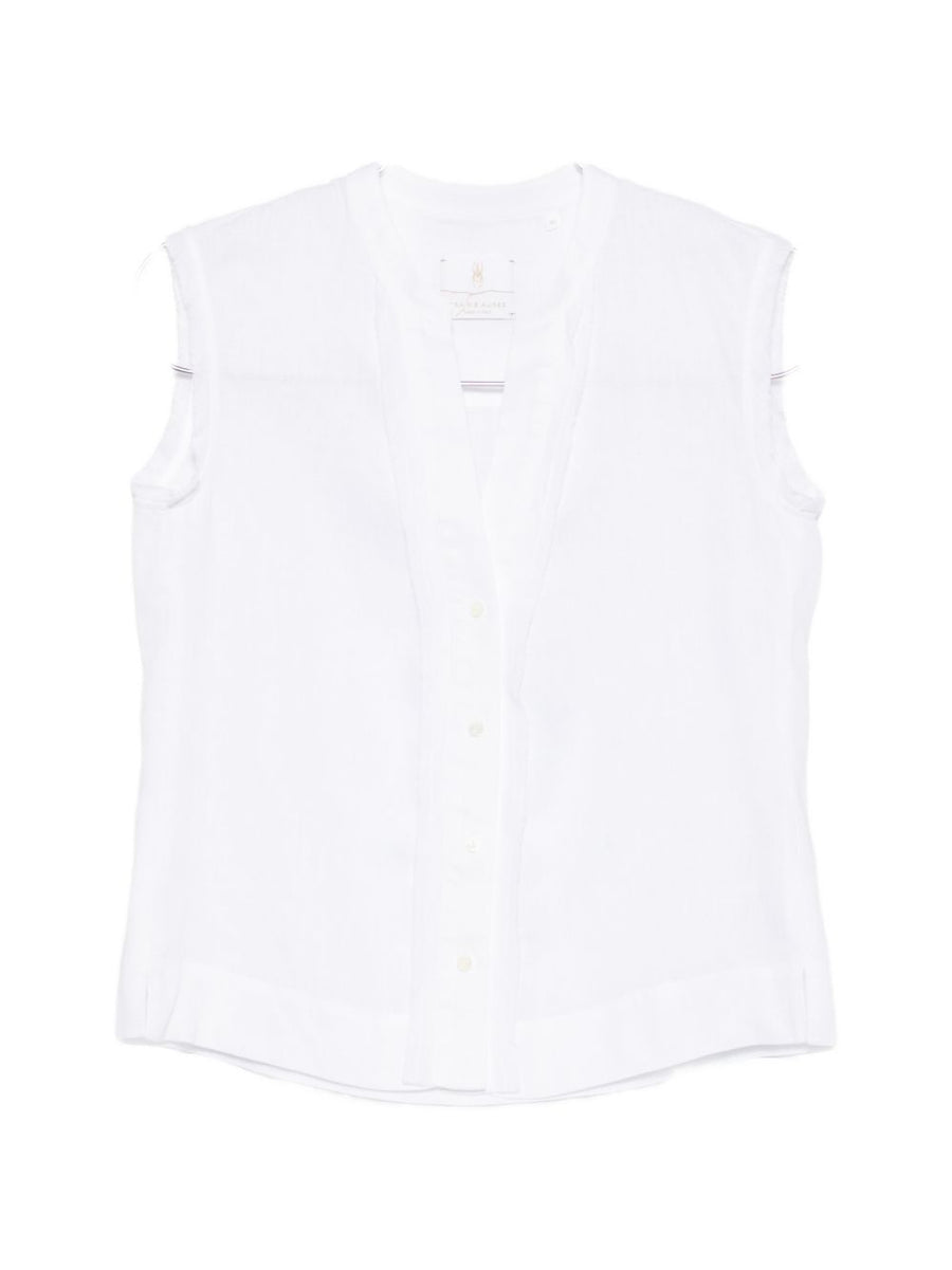 Trame Auree Linen Blouse for Women - 100% Linen, Breathable V-Neck Button Front White Top