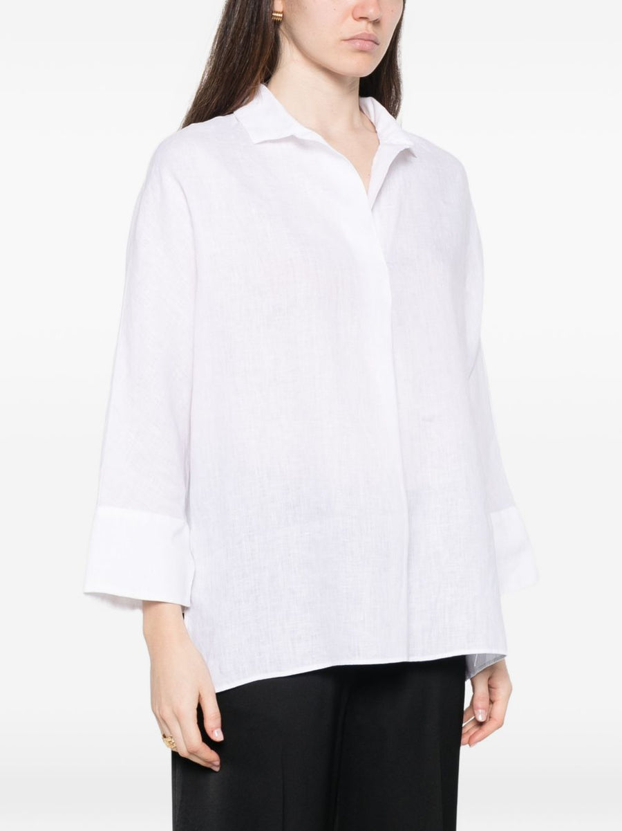 Trame Auree Linen Blouse For Women White Breathable Camp Collar Three Quarter Sleeves
