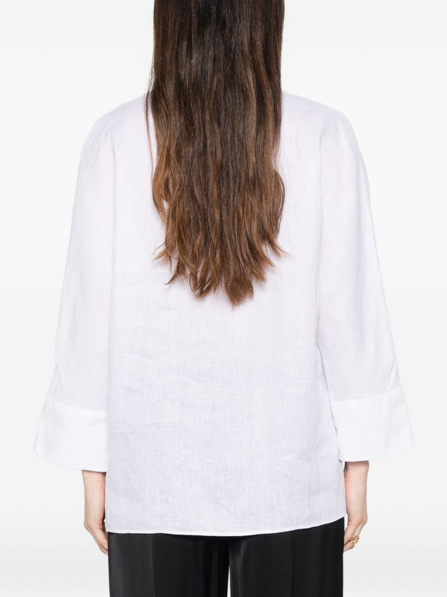 Trame Auree Linen Blouse For Women White Breathable Camp Collar Three Quarter Sleeves