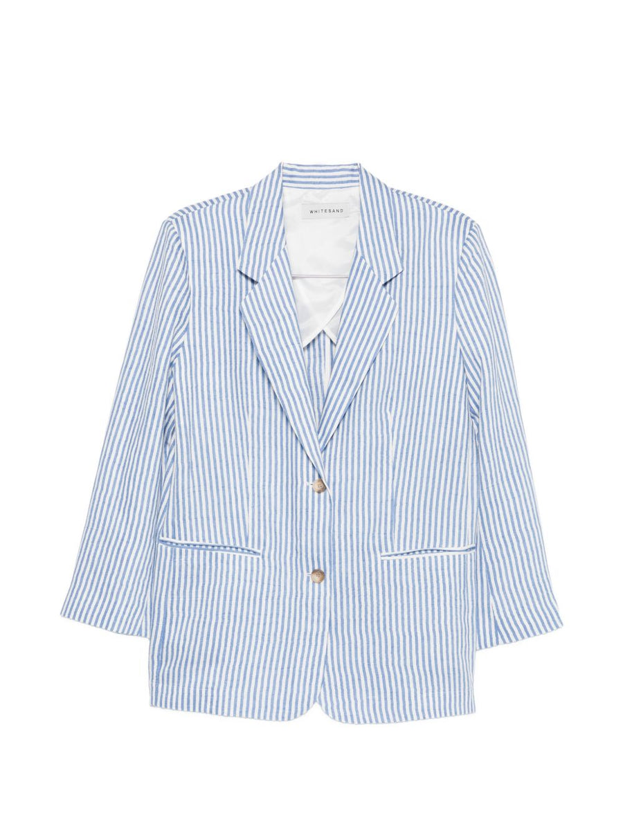 White Sand Linen Blend Single Breasted Jacket for Women With Light Blue Stripes Versatile Spring Summer Workwear