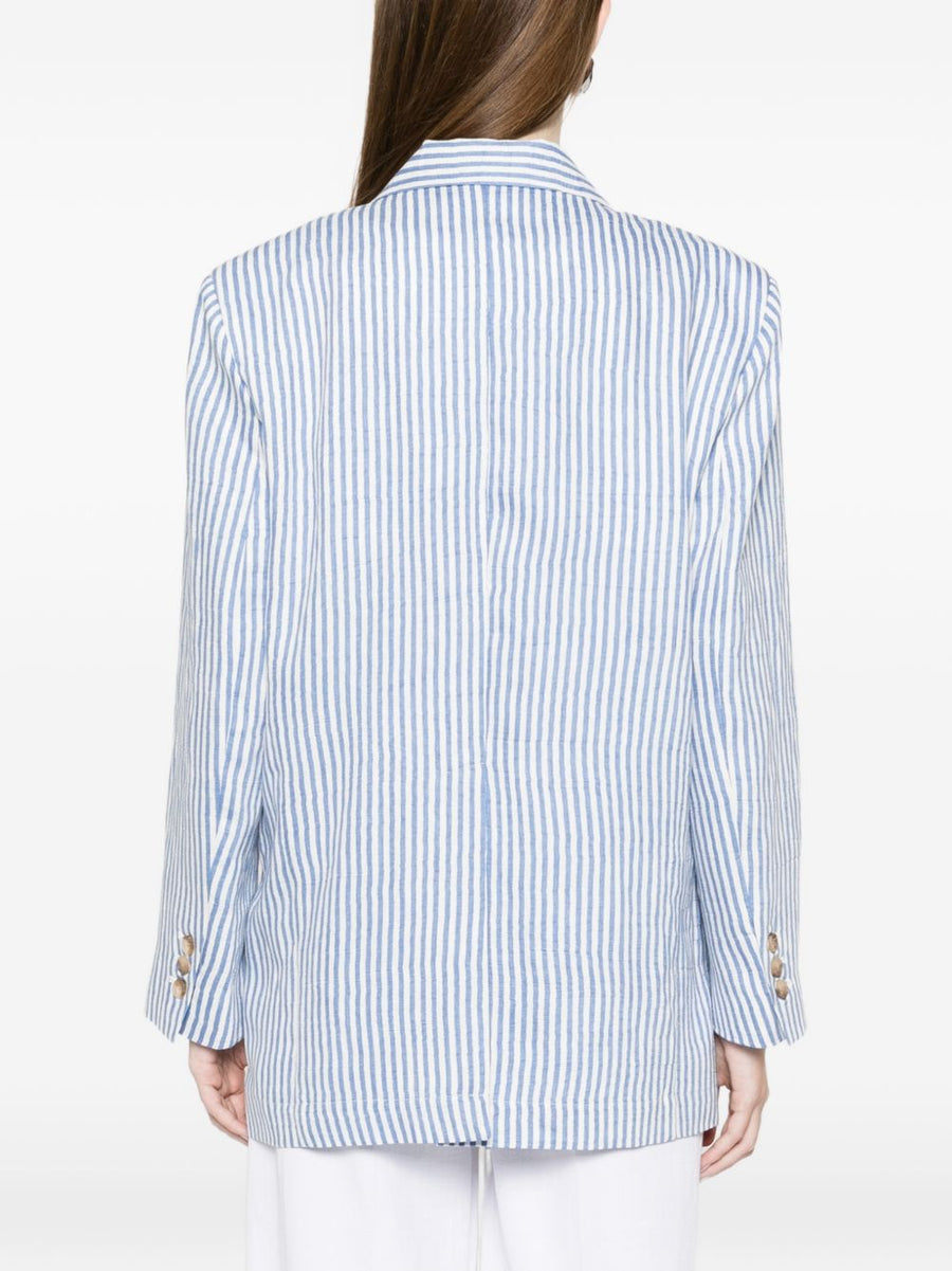 White Sand Linen Blend Single Breasted Jacket for Women With Light Blue Stripes Versatile Spring Summer Workwear