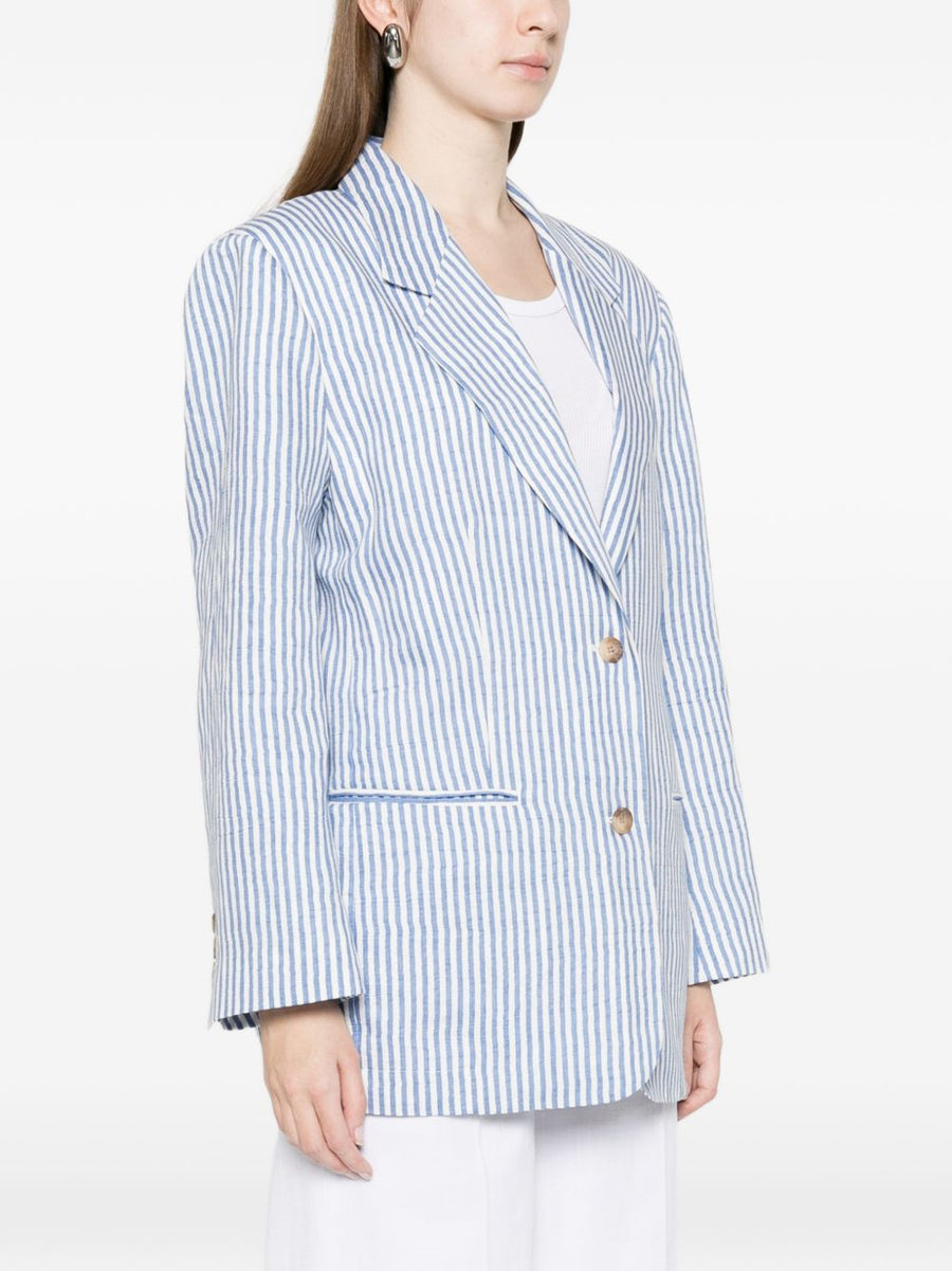 White Sand Linen Blend Single Breasted Jacket for Women With Light Blue Stripes Versatile Spring Summer Workwear