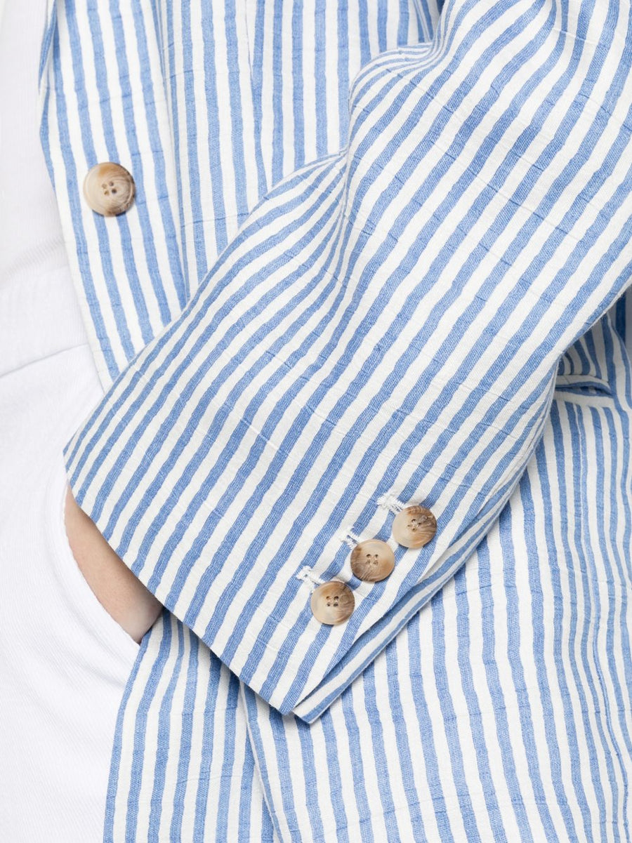 White Sand Linen Blend Single Breasted Jacket for Women With Light Blue Stripes Versatile Spring Summer Workwear