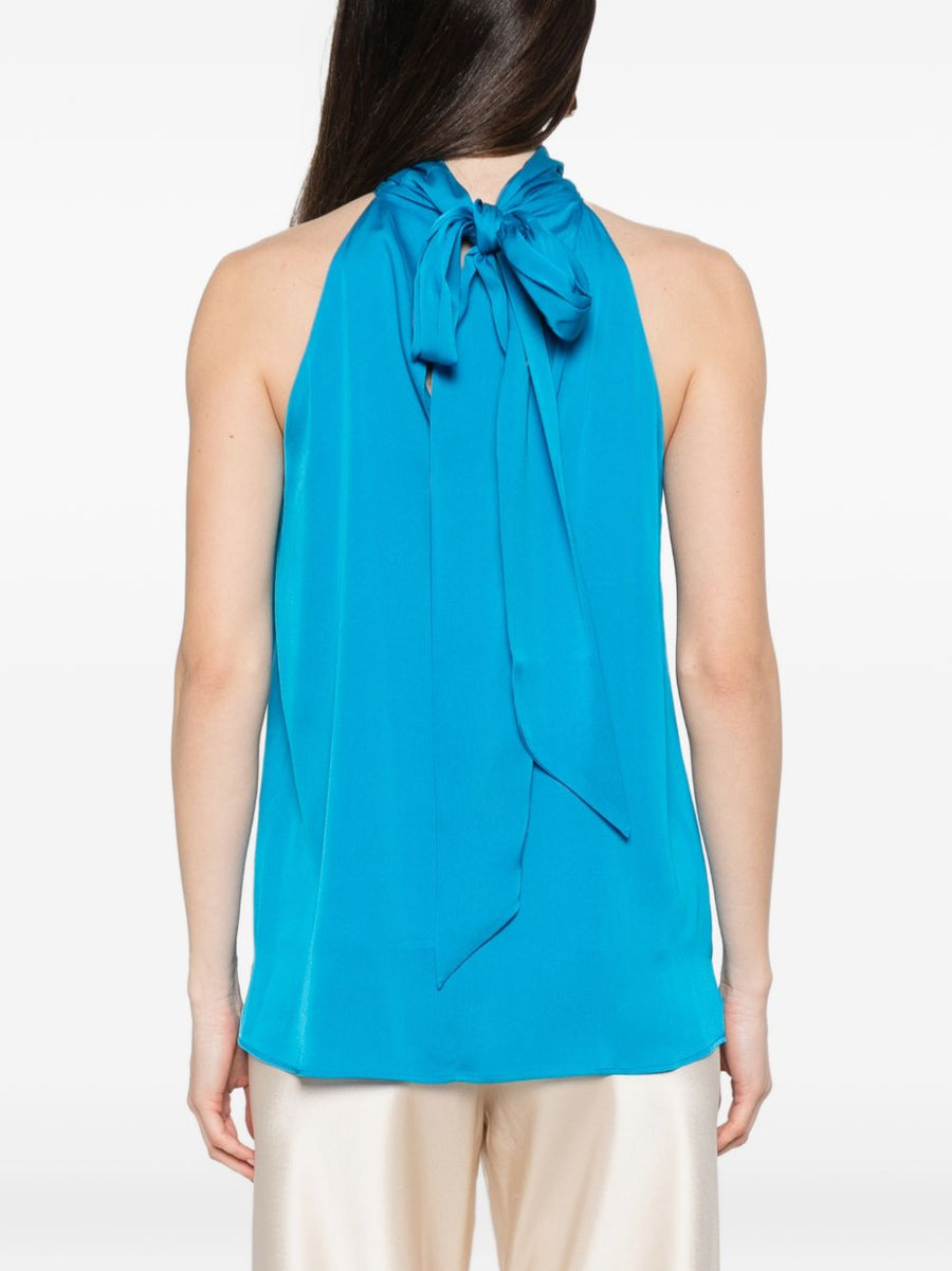 Silk95Five Villette Silk Halter Top For Women Light Blue Gathered Neckline Resort Ready With Gentle Stretch