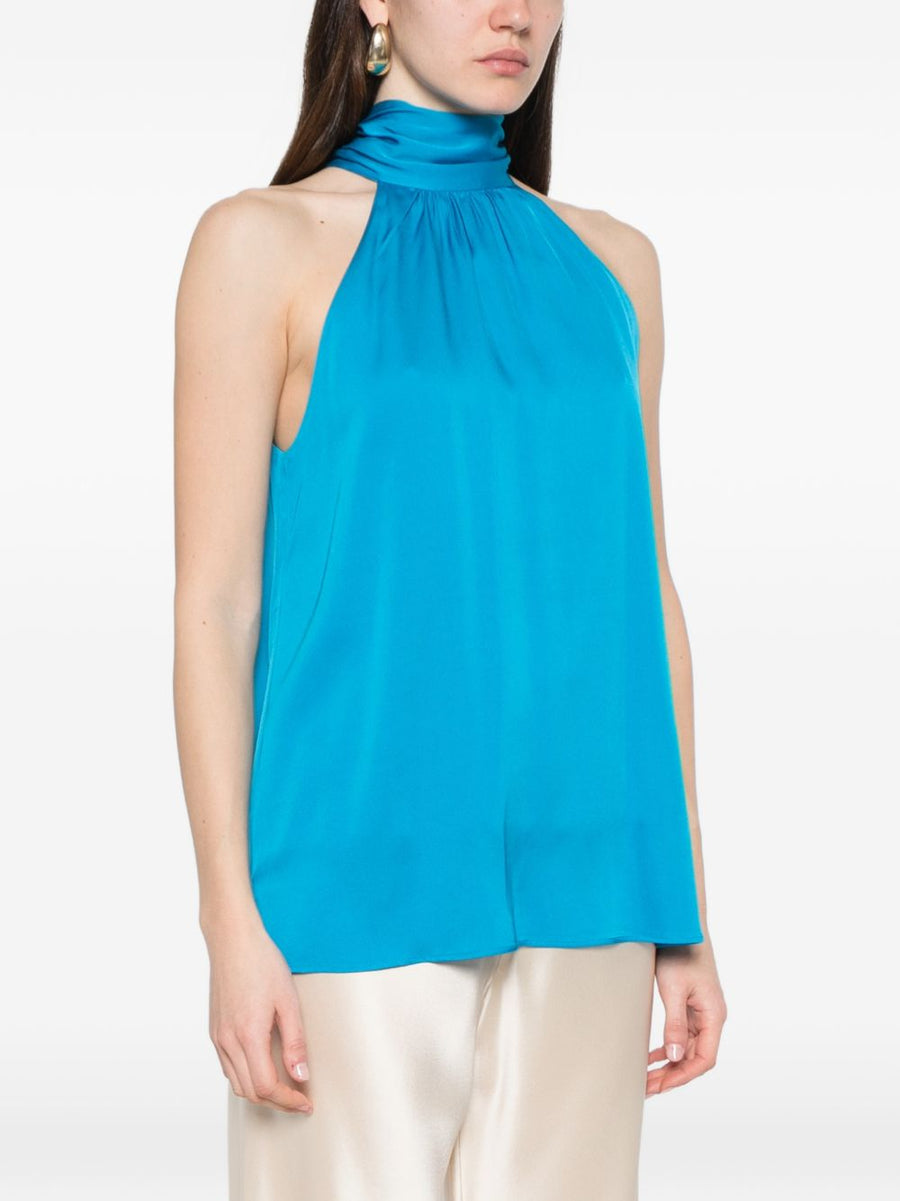 Silk95Five Villette Silk Halter Top For Women Light Blue Gathered Neckline Resort Ready With Gentle Stretch