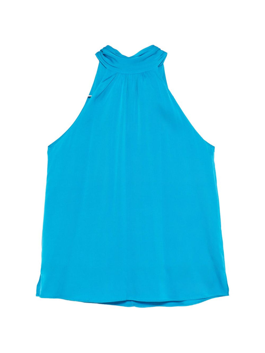 Silk95Five Villette Silk Halter Top For Women Light Blue Gathered Neckline Resort Ready With Gentle Stretch