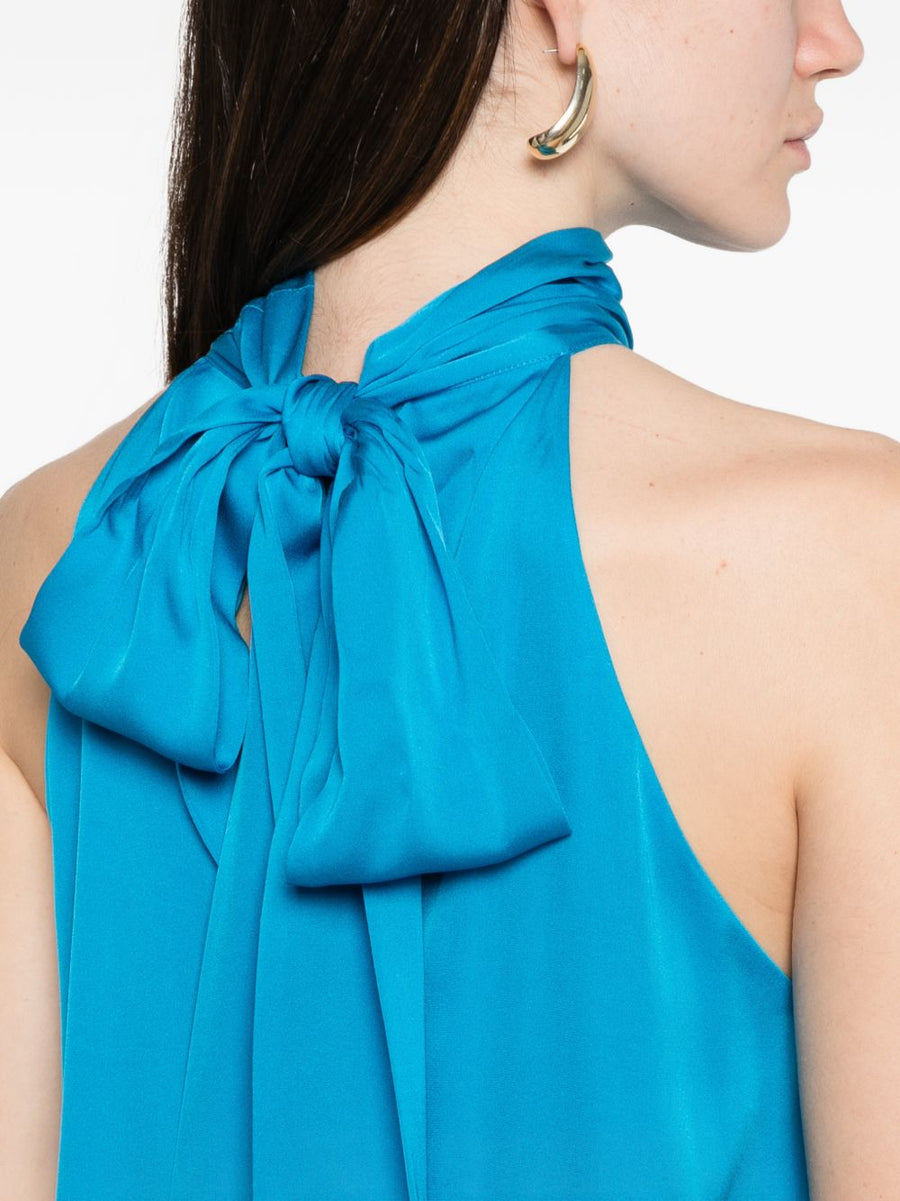 Silk95Five Villette Silk Halter Top For Women Light Blue Gathered Neckline Resort Ready With Gentle Stretch