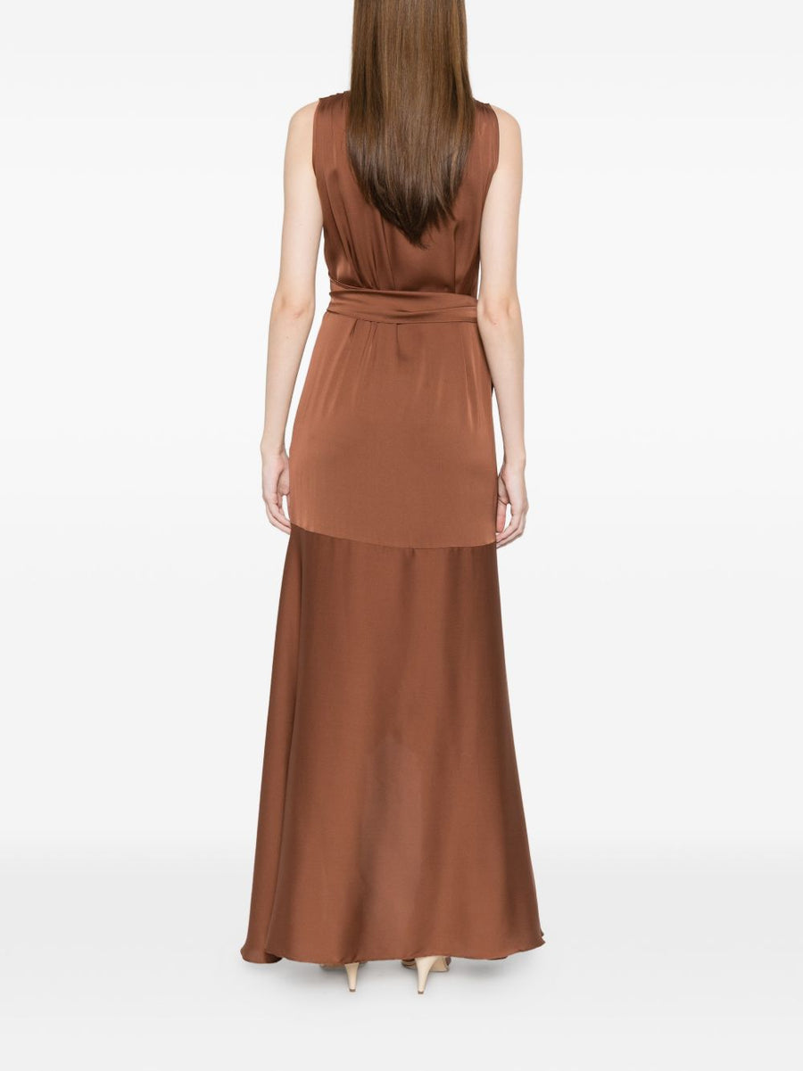 Silk95Five Shangri Silk Long Dress With Drape Detail And Knot Accents For Women Resort Wear