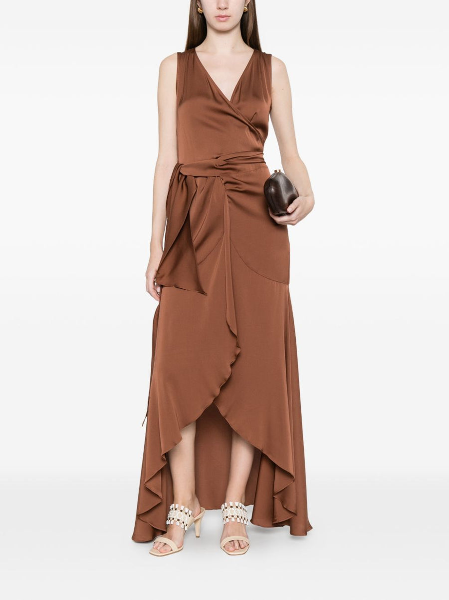 Silk95Five Shangri Silk Long Dress With Drape Detail And Knot Accents For Women Resort Wear