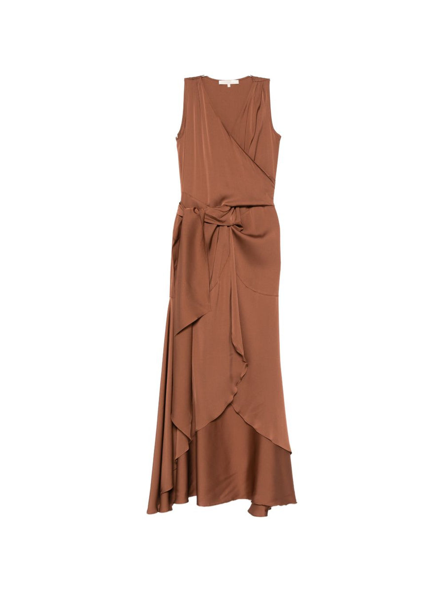 Silk95Five Shangri Silk Long Dress With Drape Detail And Knot Accents For Women Resort Wear