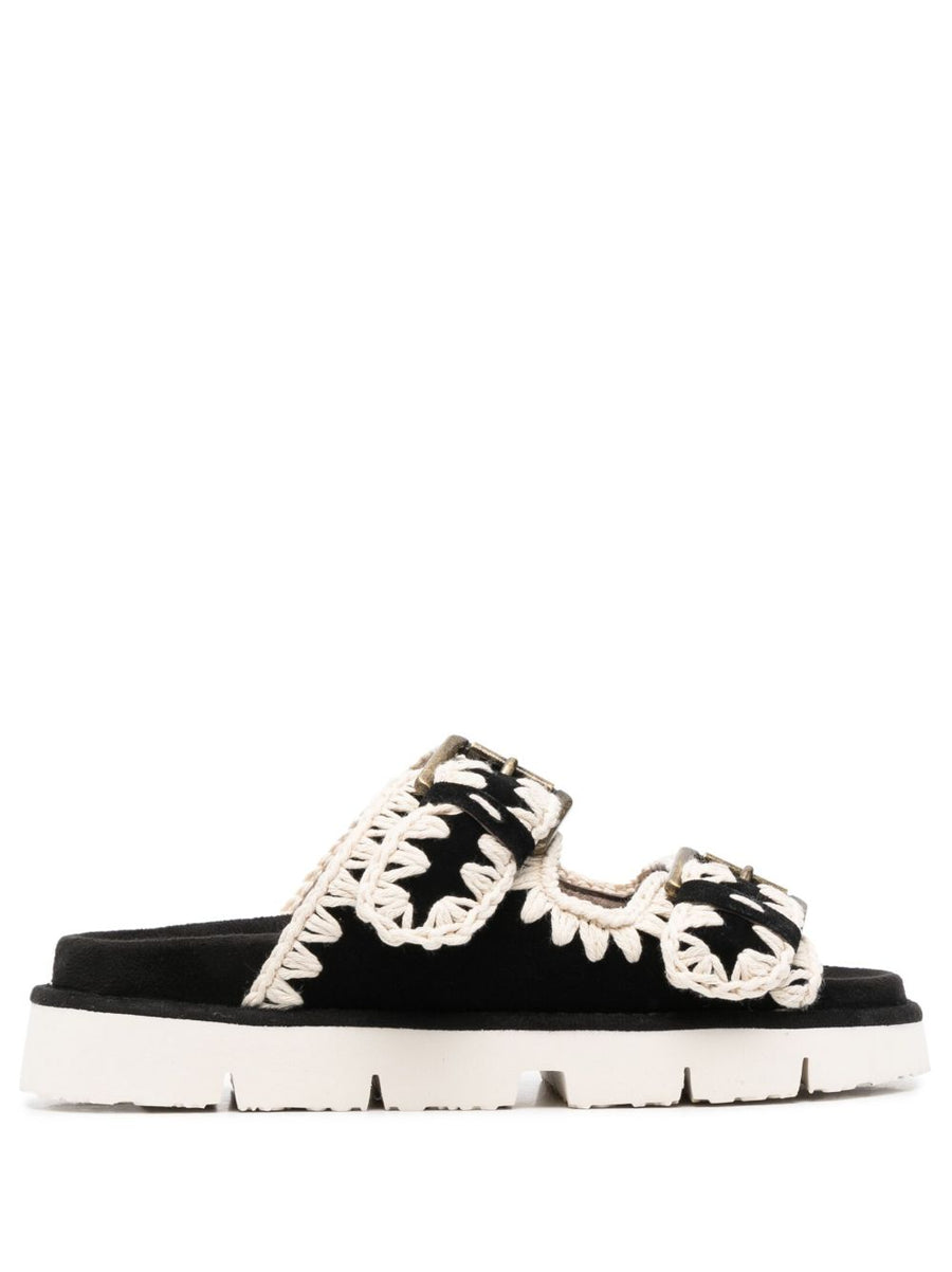 Mou Bio 2 Buckles Sandals for Women Luxury Black Calf Suede Crochet Knit Gold Buckles Versatile