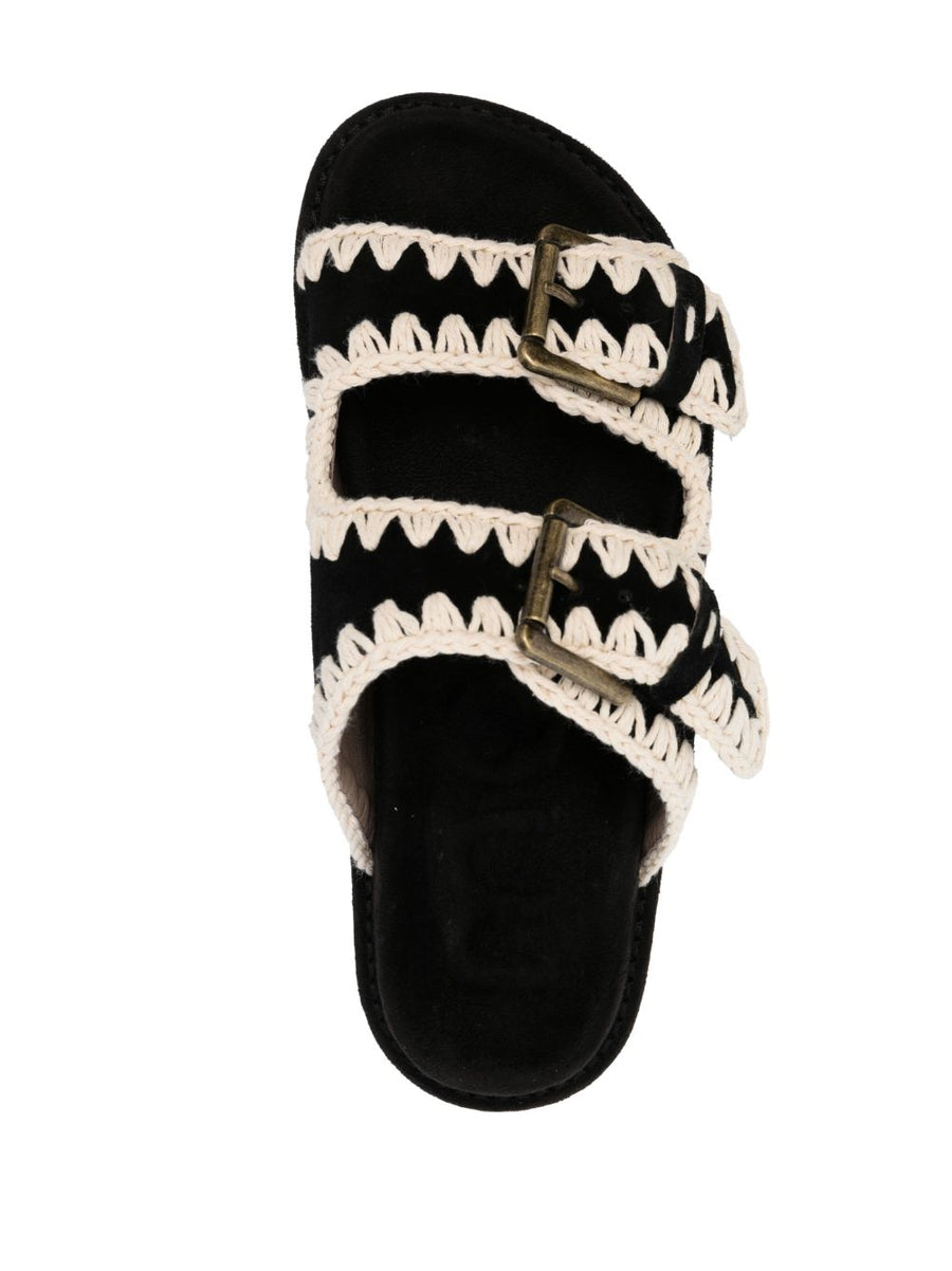 Mou Bio 2 Buckles Sandals for Women Luxury Black Calf Suede Crochet Knit Gold Buckles Versatile