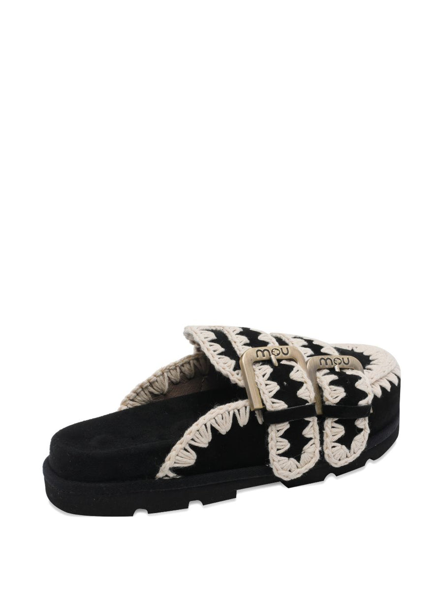 Mou Black Calf Suede Buckle Detail Round Toe Low Sandals