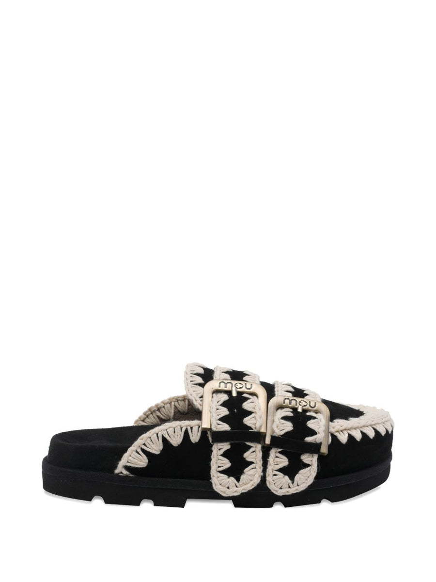 Mou Black Calf Suede Buckle Detail Round Toe Low Sandals