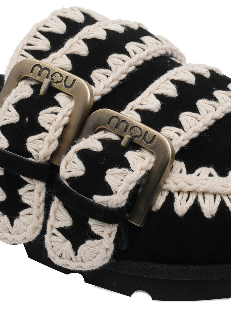 Mou Black Calf Suede Buckle Detail Round Toe Low Sandals