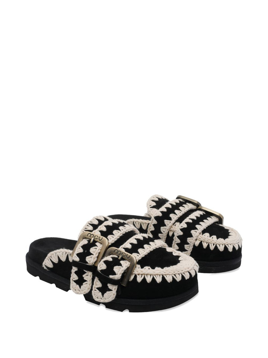 Mou Black Calf Suede Buckle Detail Round Toe Low Sandals