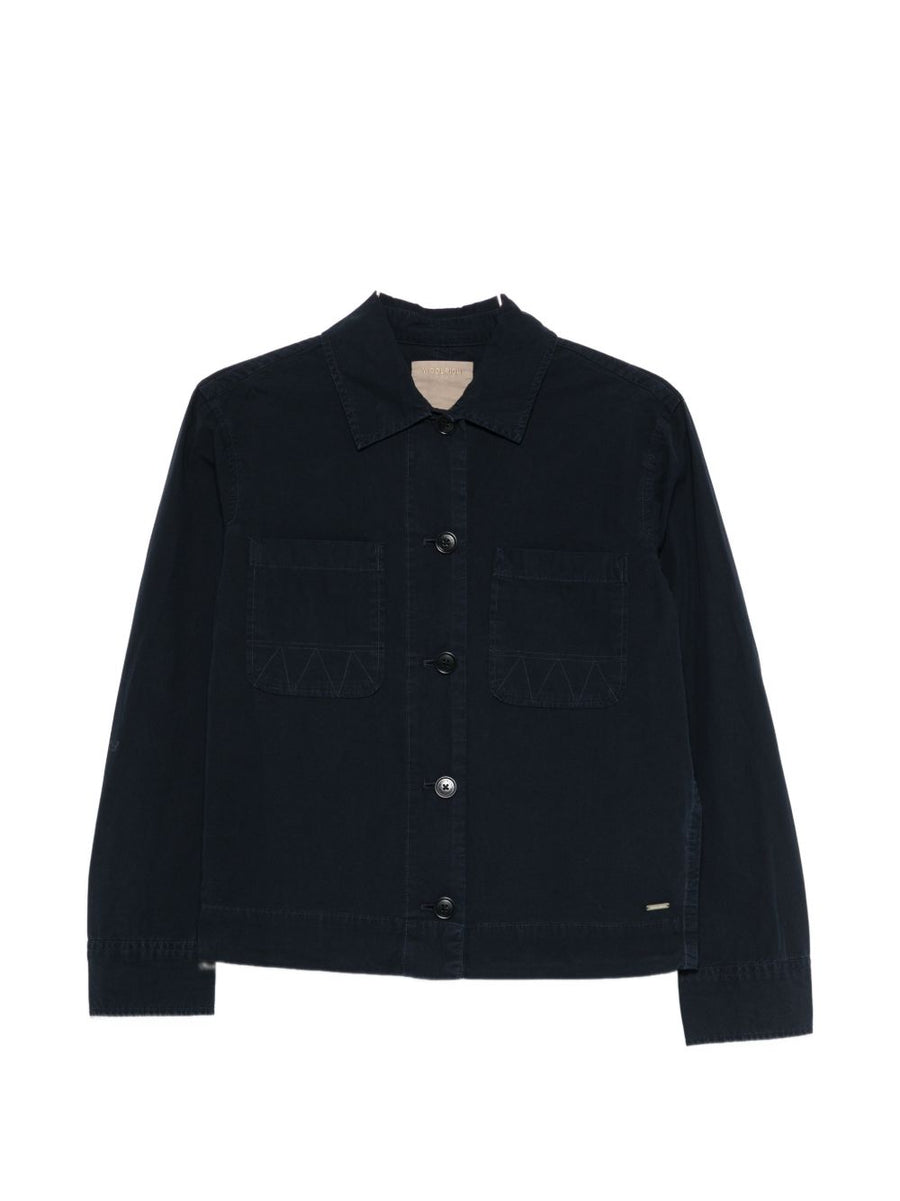 Woolrich Cotton Overshirt For Women Navy Versatile Lightweight Layering Jacket With Button Closure And Patch Pockets