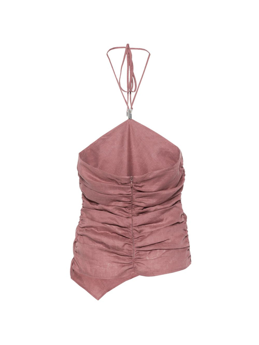 Semicouture Becka Linen Top Halterneck With Draped Silhouette Asymmetric Hem Back Zip Bordeaux Linen For Women