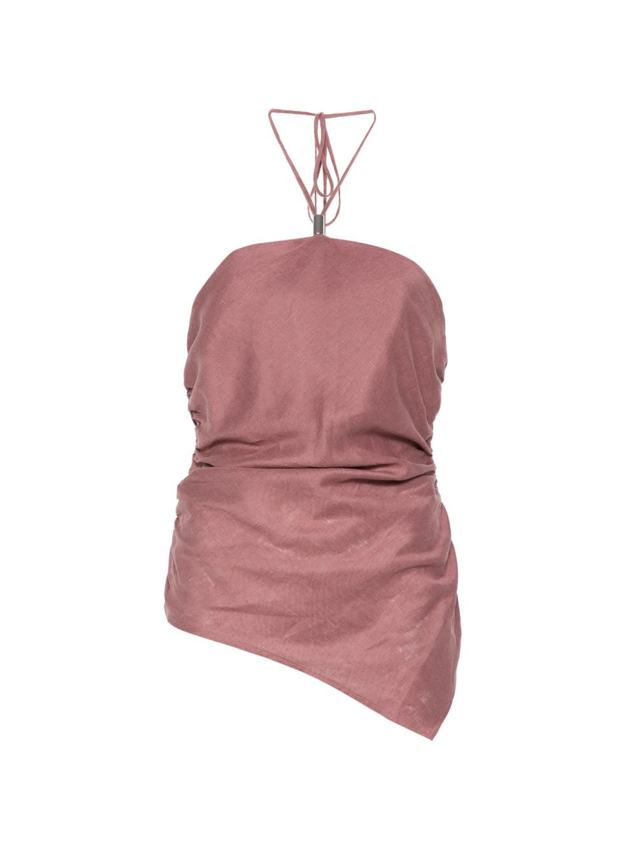 Semicouture Becka Linen Top Halterneck With Draped Silhouette Asymmetric Hem Back Zip Bordeaux Linen For Women