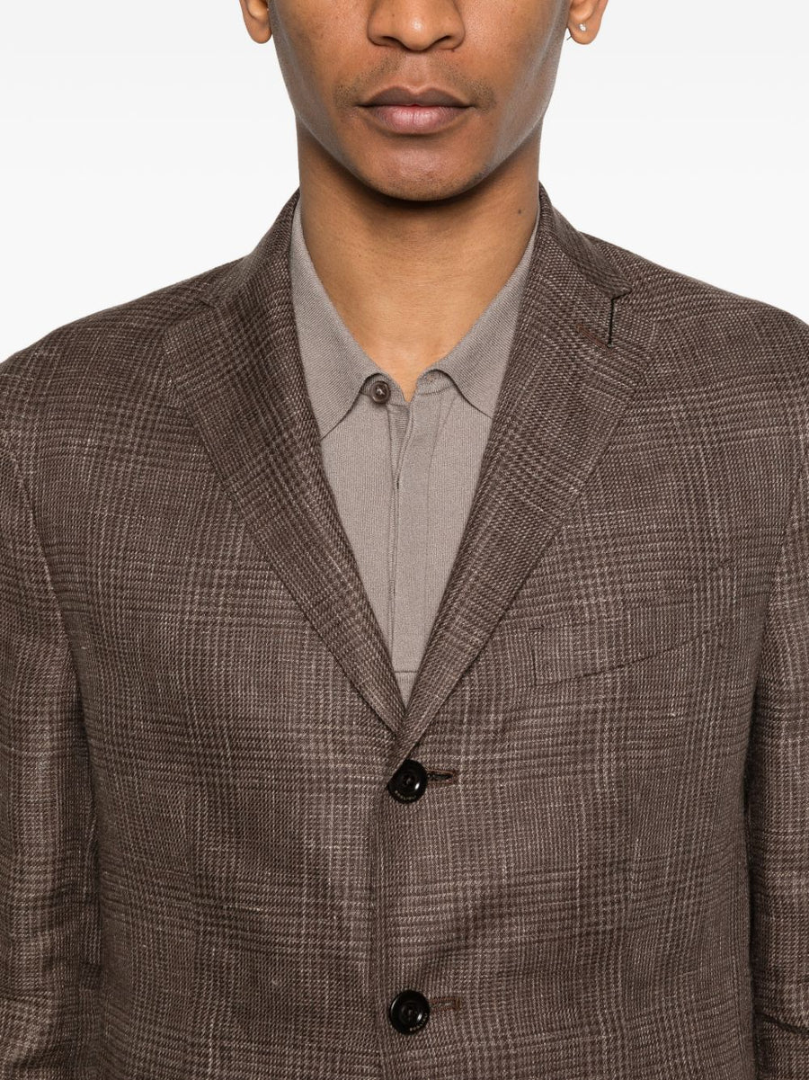 Boglioli Linen Double Breasted Jacket For Men Breathable Warm Weather Smart Casual Luxury Brown Checked Pattern