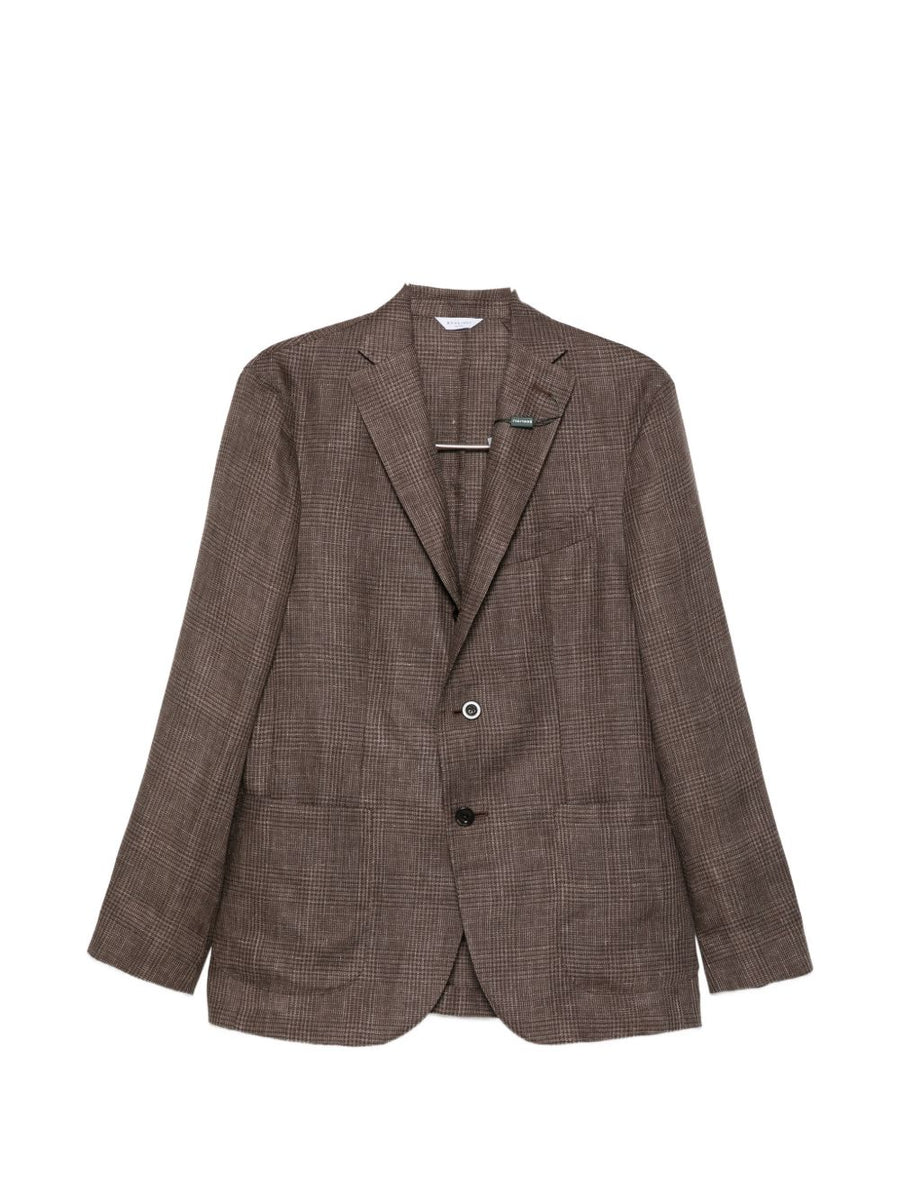 Boglioli Linen Double Breasted Jacket For Men Breathable Warm Weather Smart Casual Luxury Brown Checked Pattern