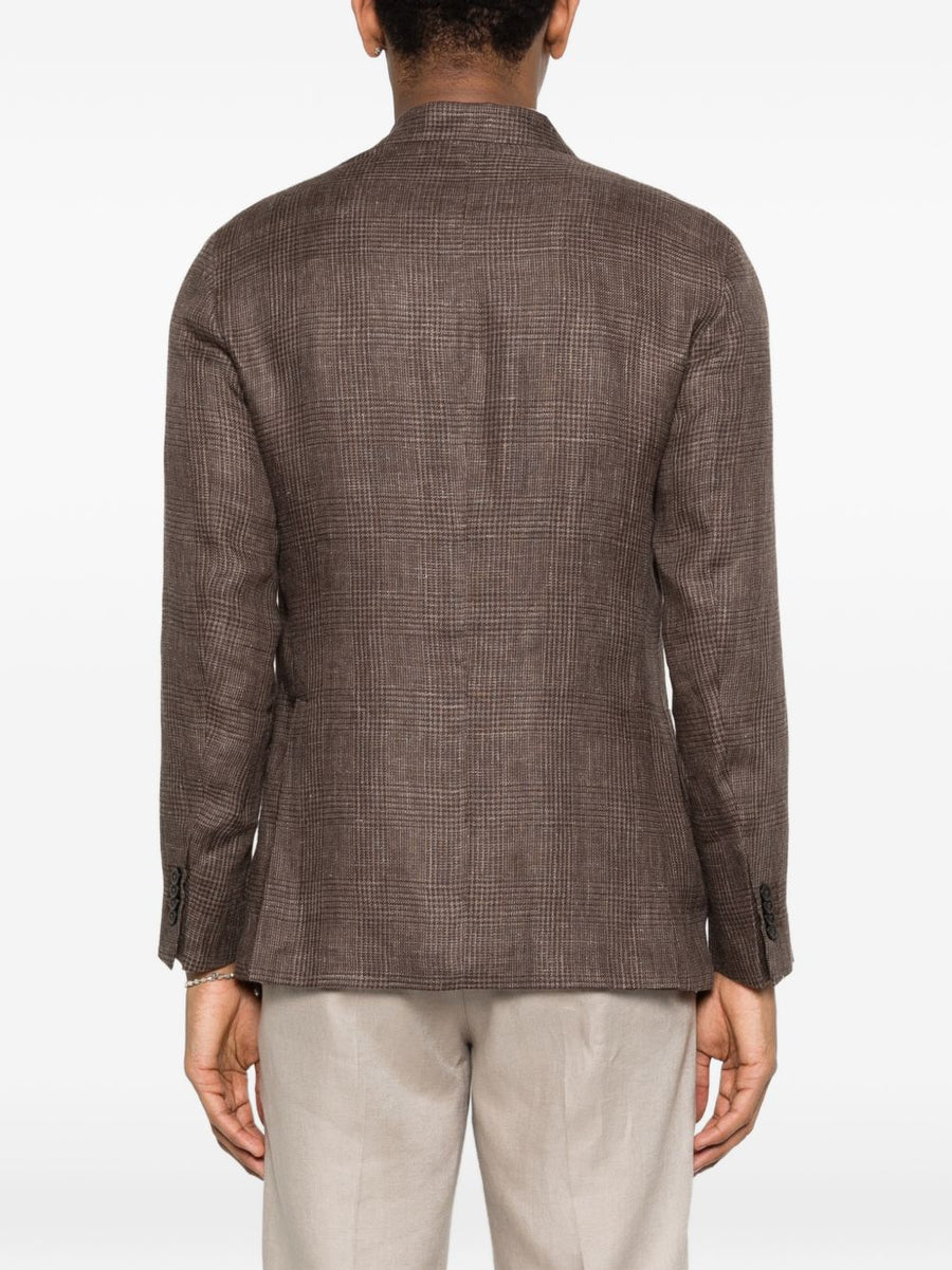 Boglioli Linen Double Breasted Jacket For Men Breathable Warm Weather Smart Casual Luxury Brown Checked Pattern