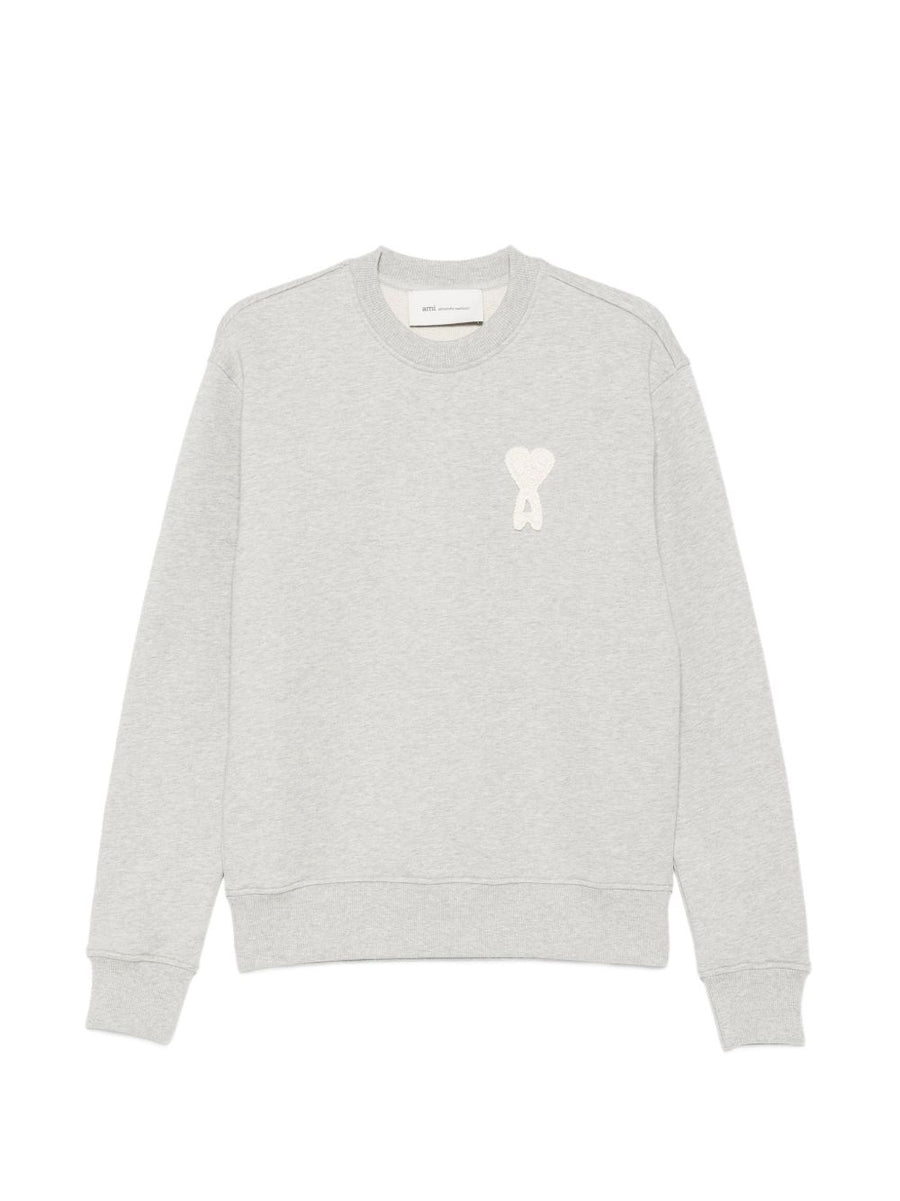 Ami Paris Cotton Sweatshirt For Women With Long Sleeve Appliqued Detailing Grey Crew Neck Cozy Everyday Wear