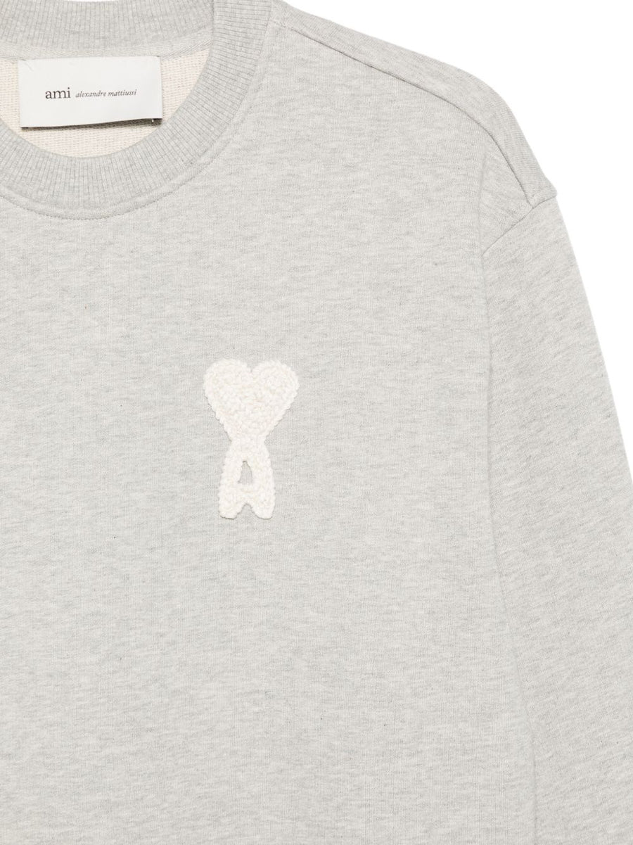 Ami Paris Cotton Sweatshirt For Women With Long Sleeve Appliqued Detailing Grey Crew Neck Cozy Everyday Wear