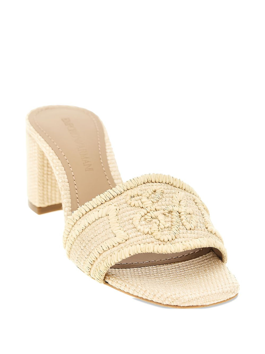 Emporio Armani Exclusive Rafia Mules For Women Beige Woven Design Embroidered Logo Open Toe Slip On Block Heel