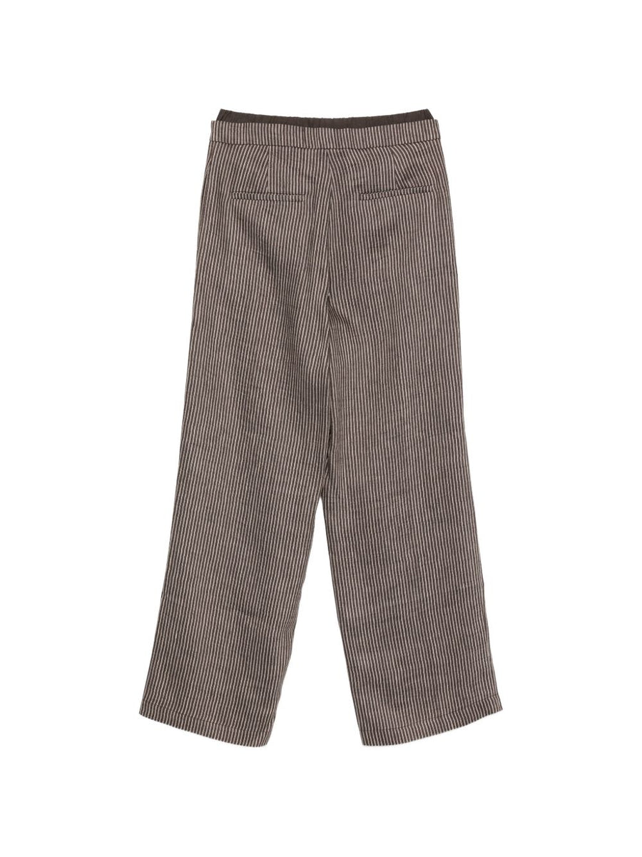 Alysi Effortless Brown Striped Linen Trousers For Women With Drawstring Waist Back Pockets