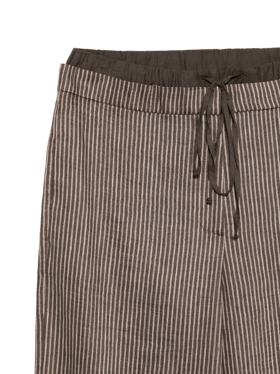 Alysi Effortless Brown Striped Linen Trousers For Women With Drawstring Waist Back Pockets