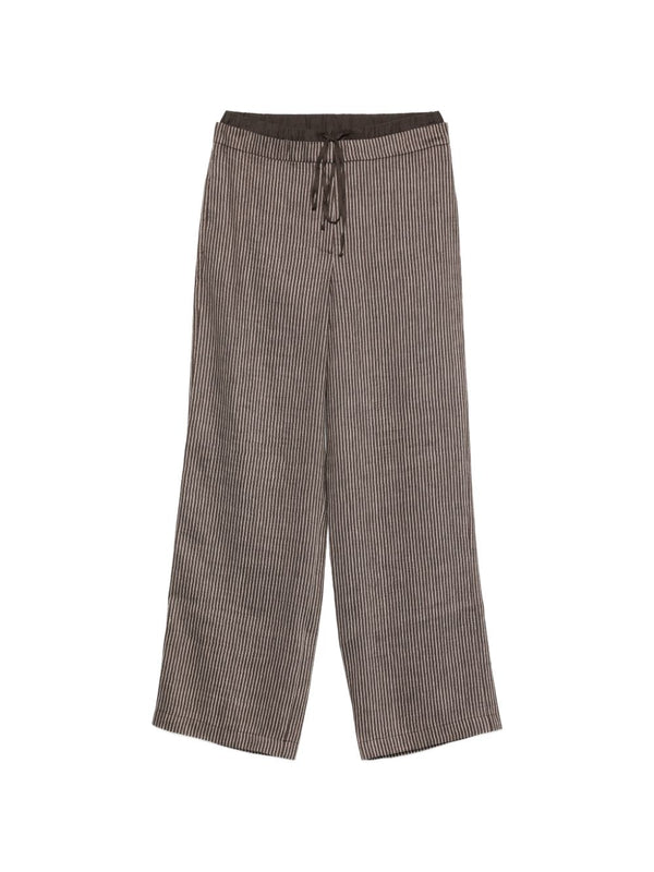 Alysi Effortless Brown Striped Linen Trousers For Women With Drawstring Waist Back Pockets
