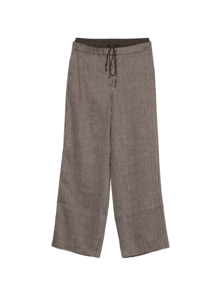 Alysi Effortless Brown Striped Linen Trousers For Women With Drawstring Waist Back Pockets
