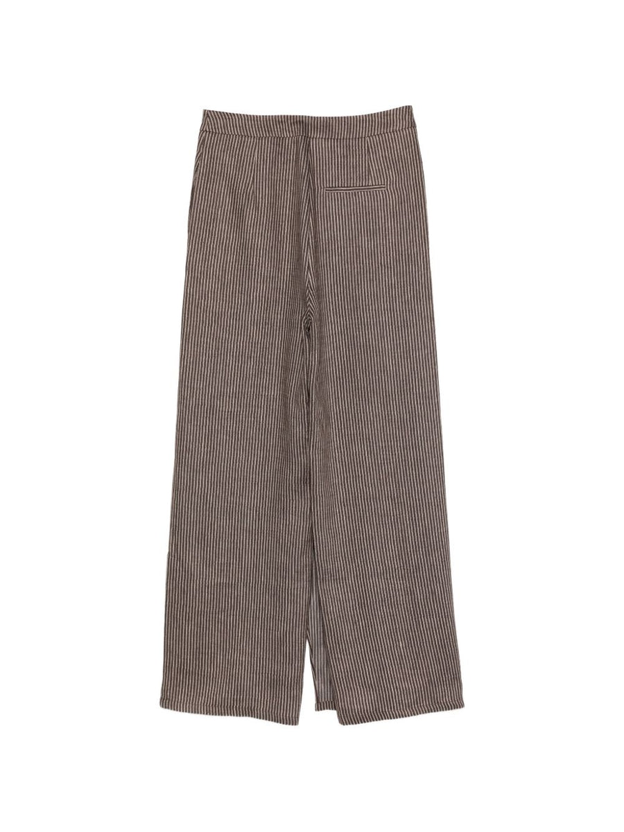 Alysi Linen Wide Leg Trousers For Women With Back Pocket Brown Stripes Comfortable Relaxed Drape