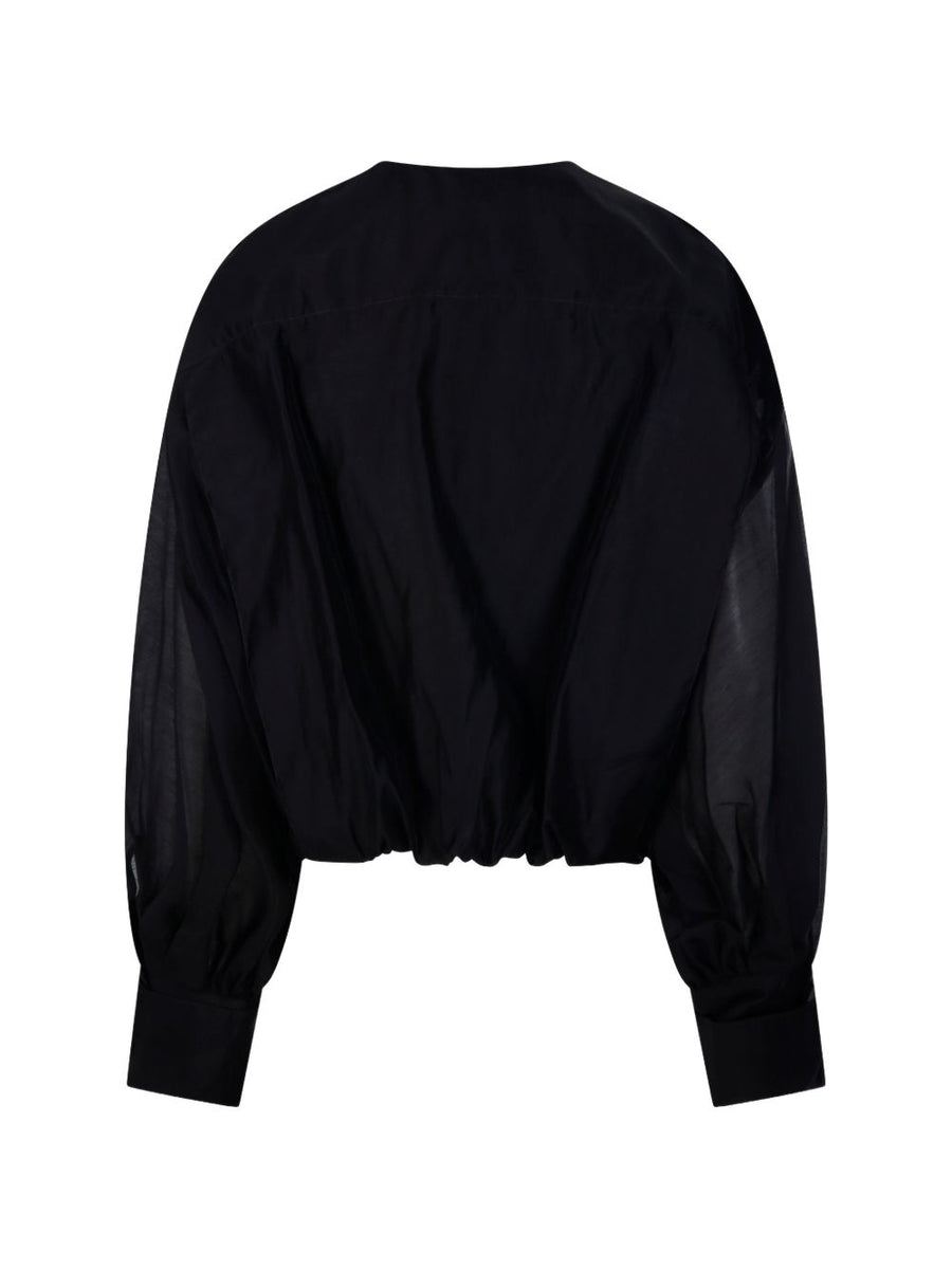The Latest Versatile Crewneck Blouse For Women Black Panelled Shirt With Blouson Sleeves And Rear Button Closure